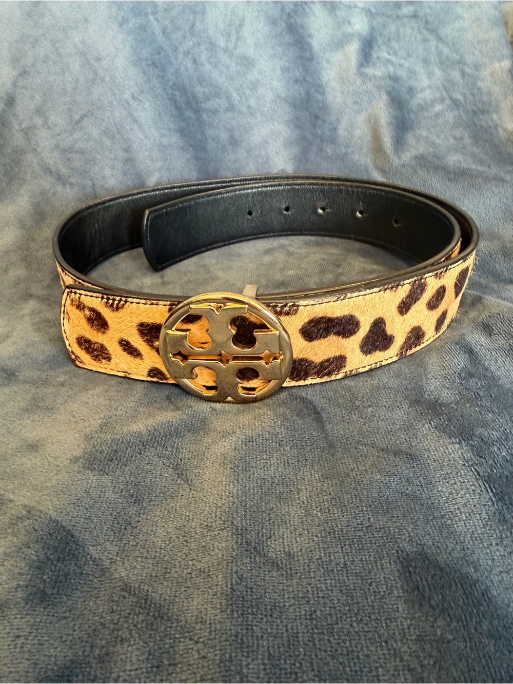 Tory Burch Leopard Print and Black reversible Logo Belt, Gold Hardware